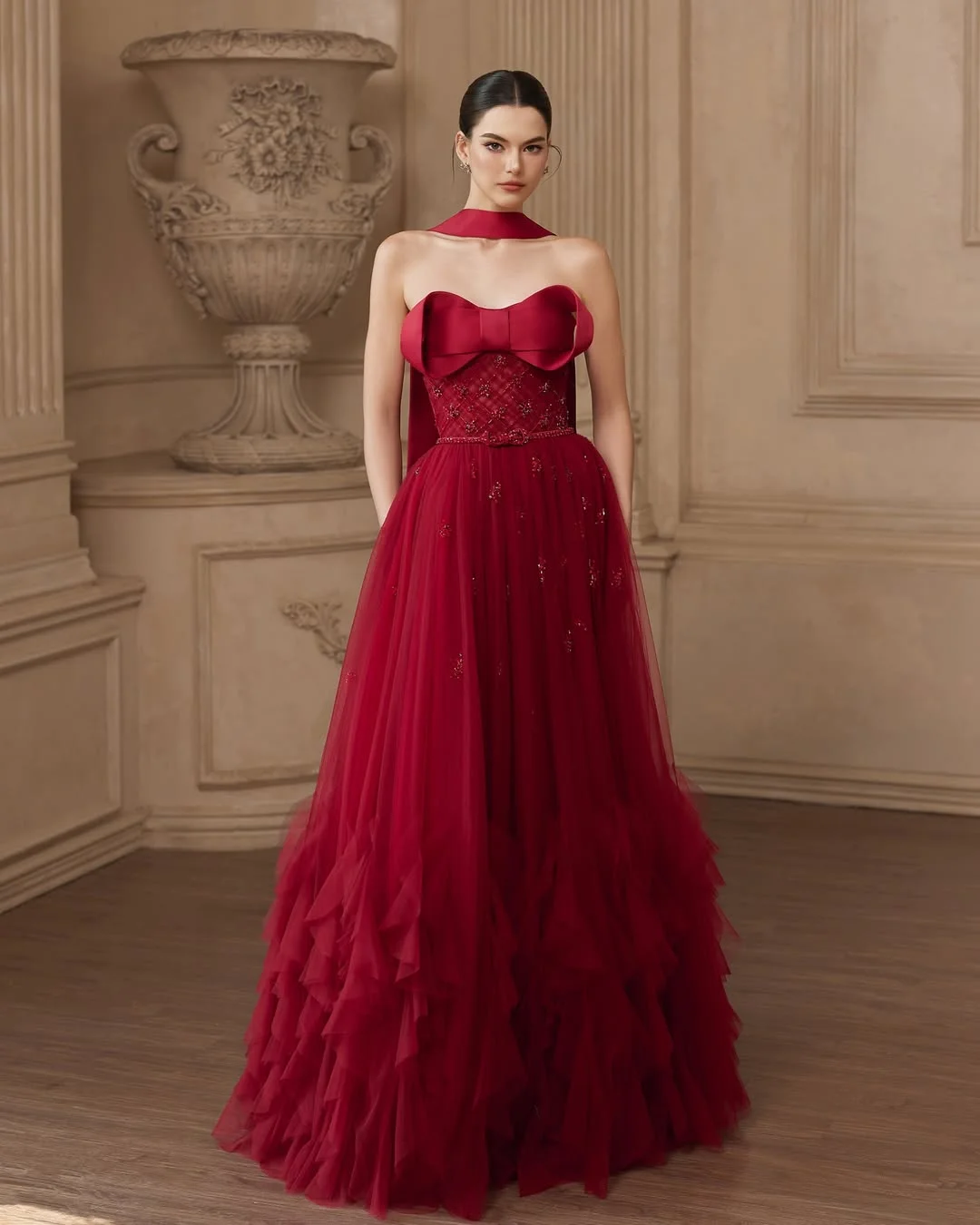 Red Elegant Straight Across Beadings Tulle Prom Dress With Scarf YK0191