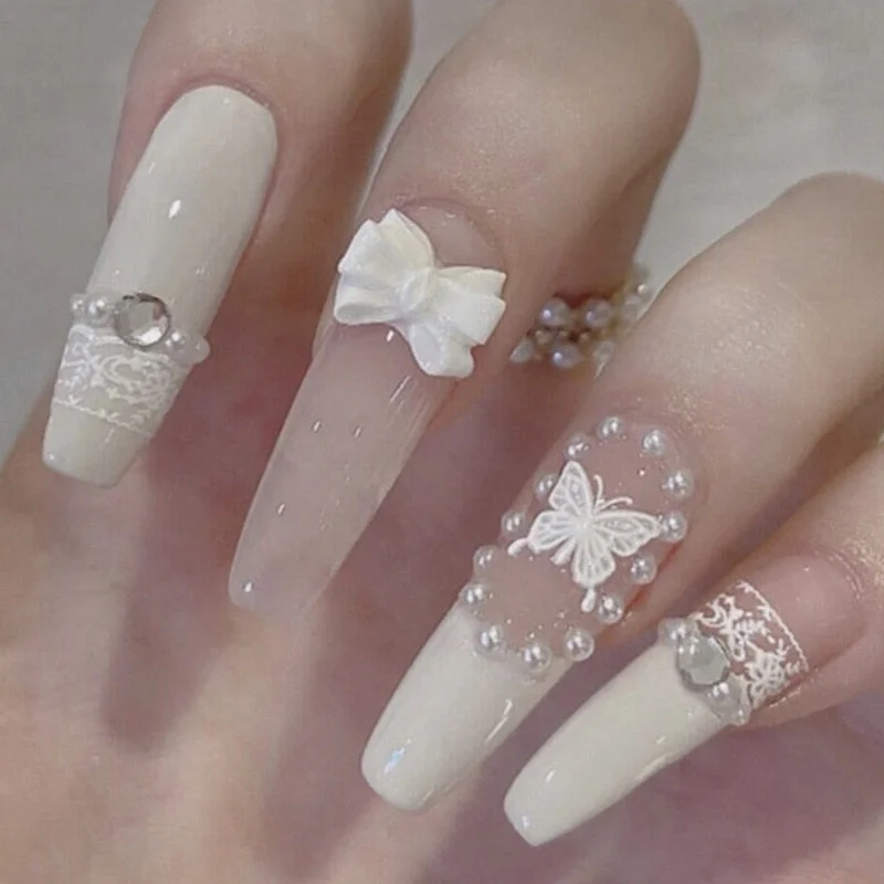 24PCS Love Heart False Nail Patch Sweet Style Women Removable MId Length Full Cover Manicure Tool False Nail Patch with Glue-Nail Inspo