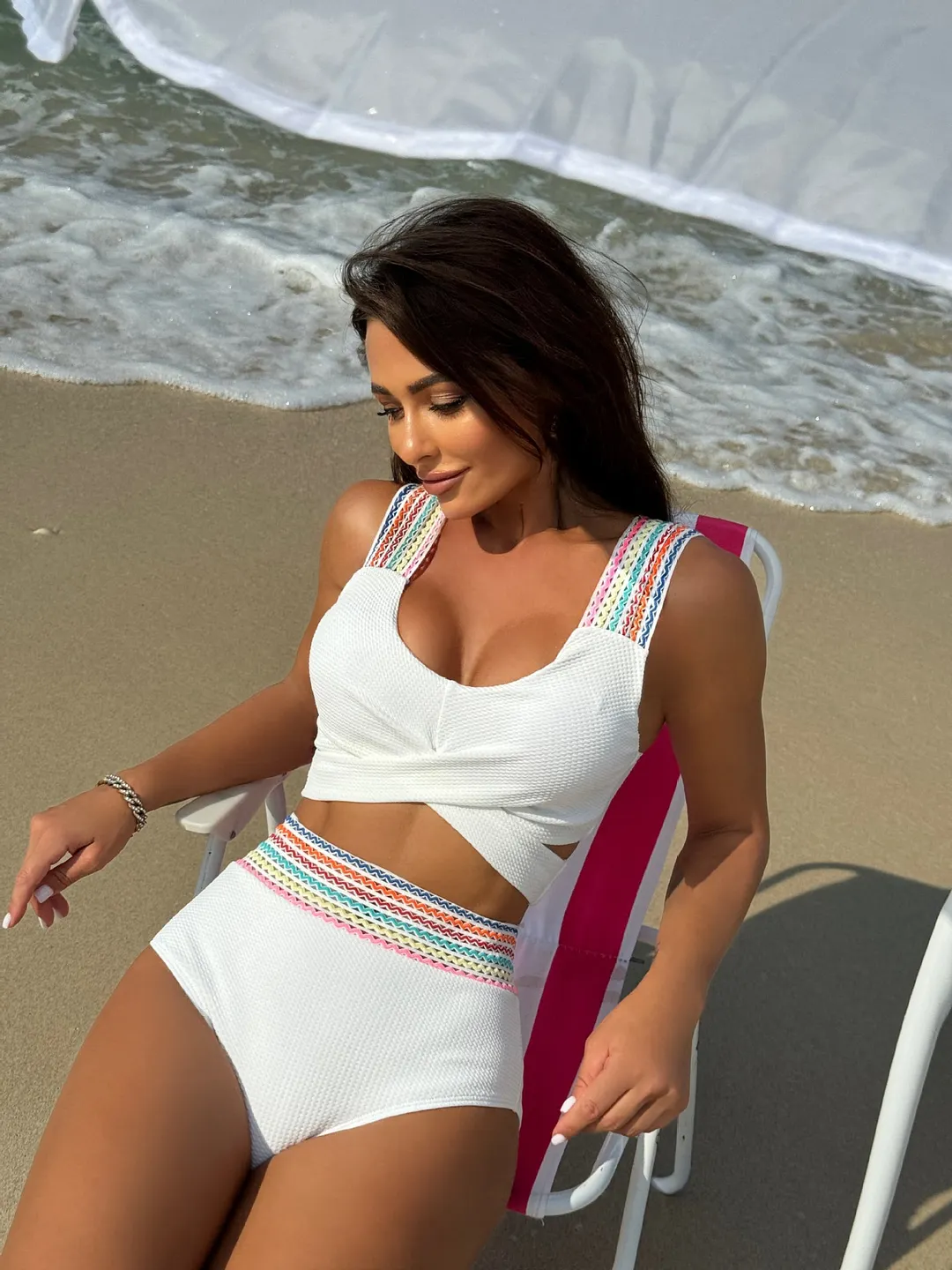 Churchf 2024 New Rainbow Woven Series High-Waisted Split Swimsuit Bikini Bikini