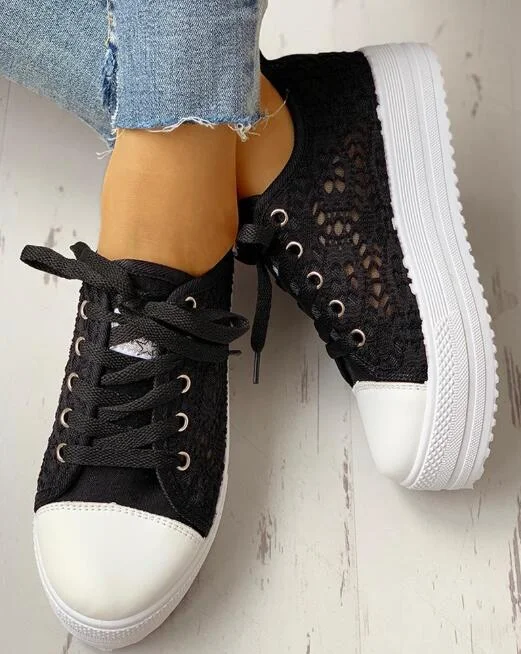 Women Shoes 2020 Fashion Summer Casual White Shoes Cutouts Lace Canvas Hollow Breathable Platform Flat Shoes Woman Sneakers