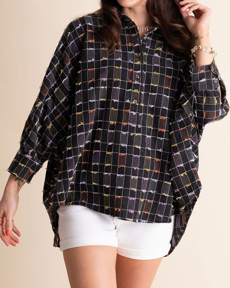 Plaid Pattern Three Quarter Sleeve Oversize Blouses