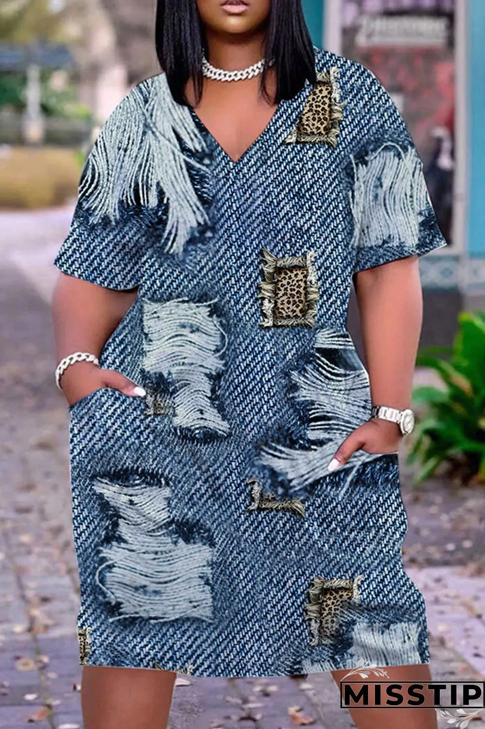 Navy Blue Casual Print Patchwork V Neck Short Sleeve Dress