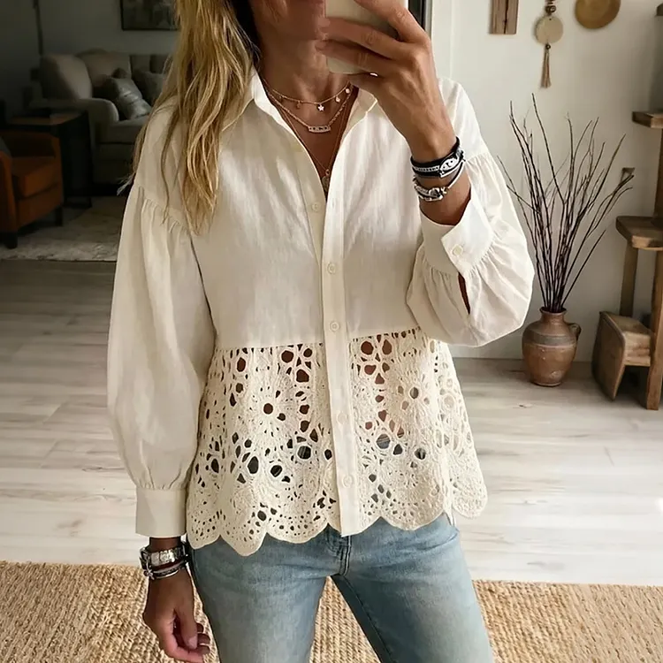 Women's Floral Lace Patchwork Linen Blend  Blouse