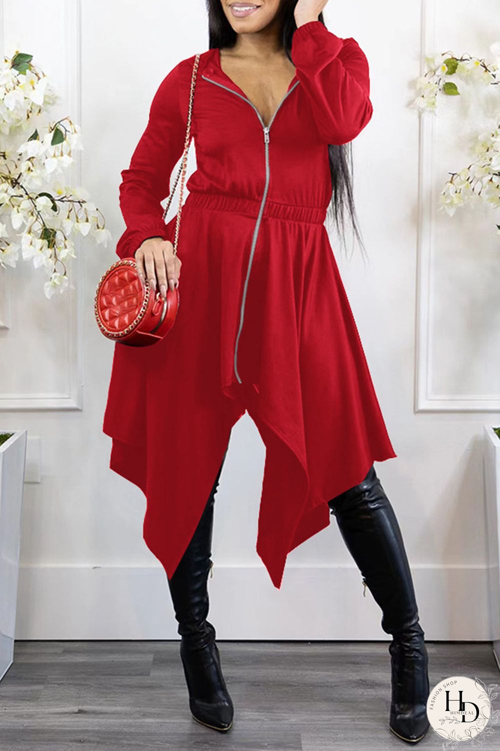 Black Casual Solid Split Joint Asymmetrical Zipper Hooded Collar Irregular Dress Dresses