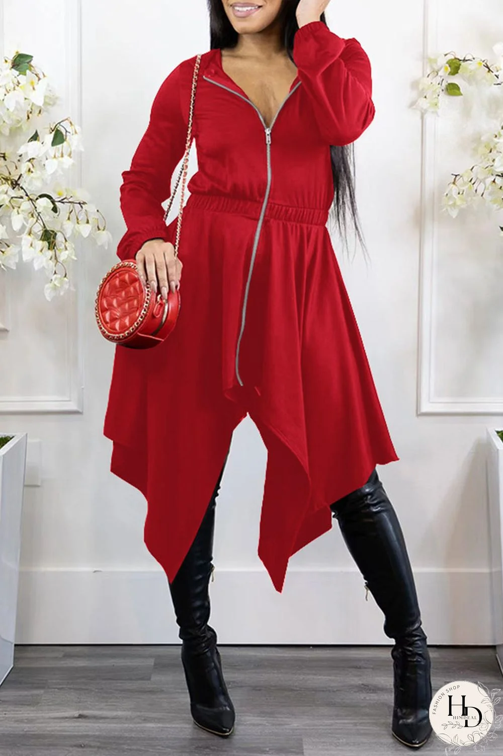 Black Casual Solid Split Joint Asymmetrical Zipper Hooded Collar Irregular Dress Dresses