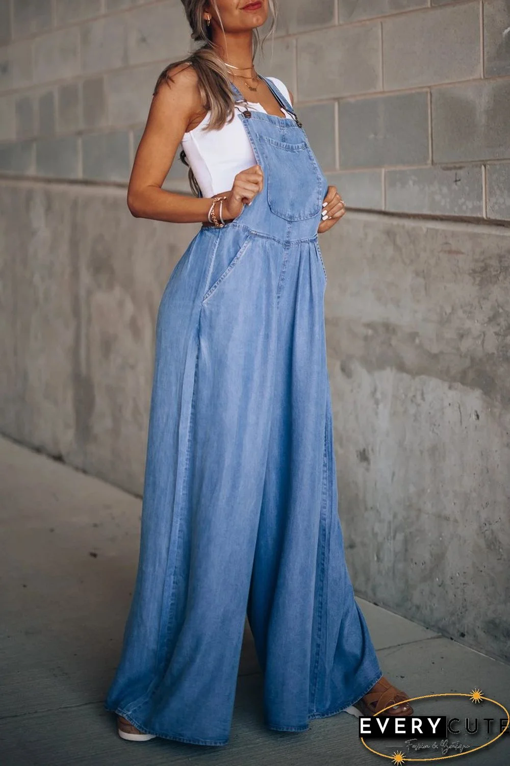 Denim Wide Leg Suspenders Jumpsuit
