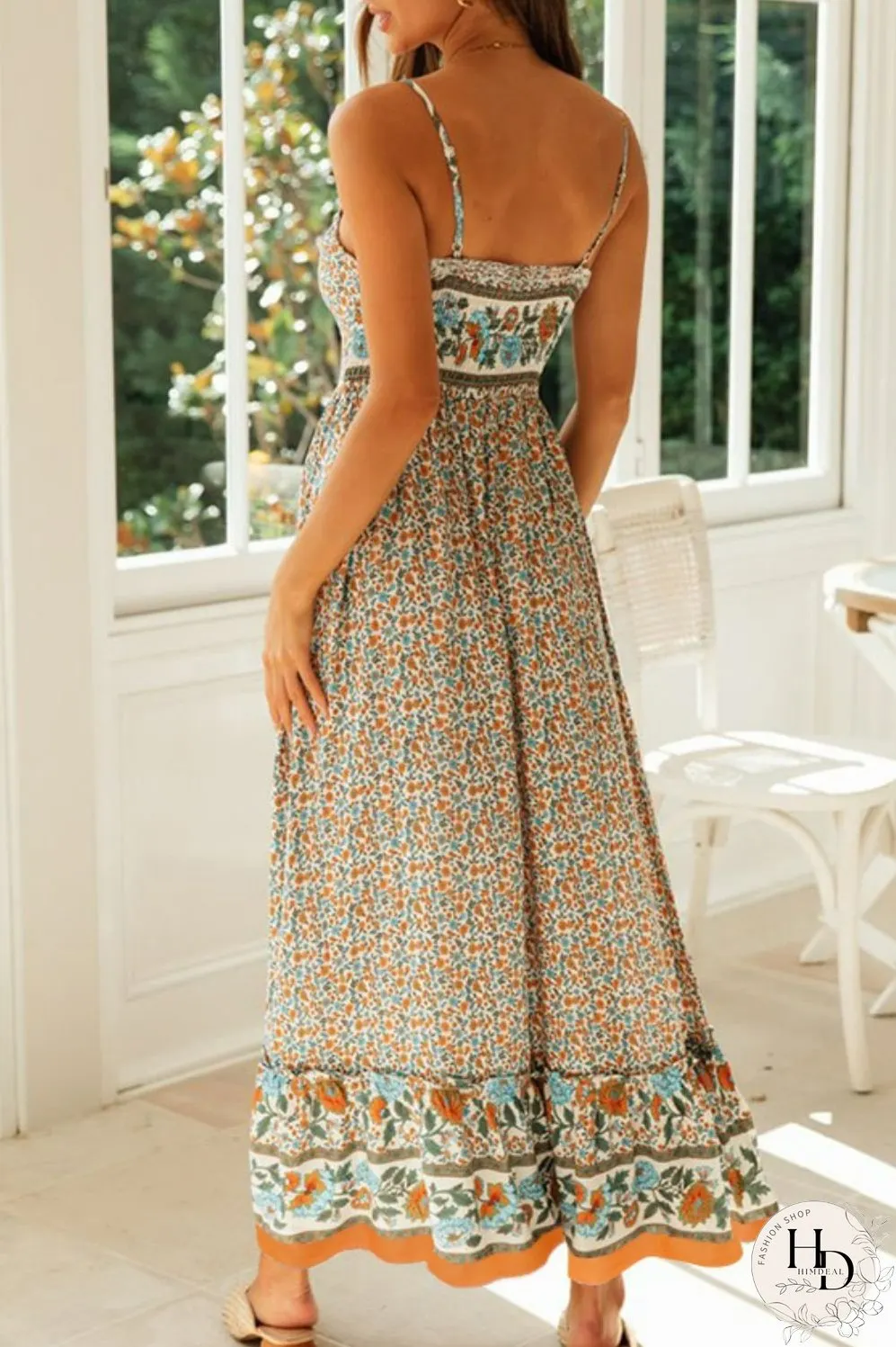 Bohemian Spaghetti Strap Frill Trim Maxi Dress