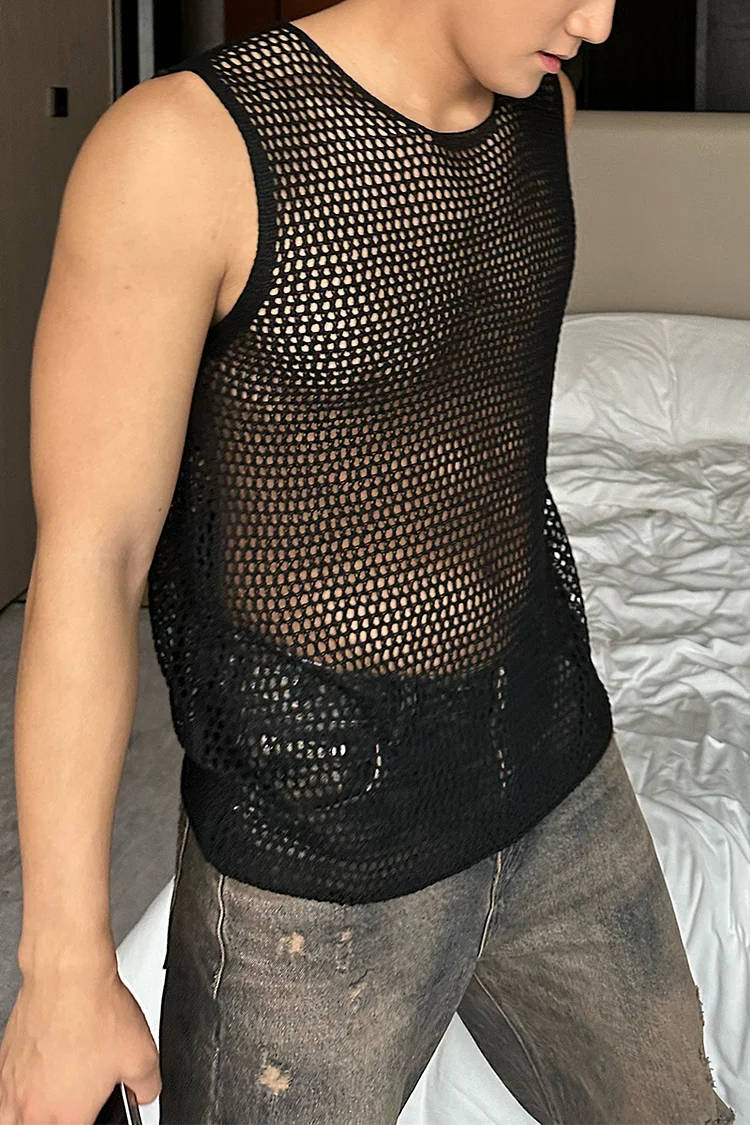 Men's Solid Network Hollow See-Through Thin Tank Top