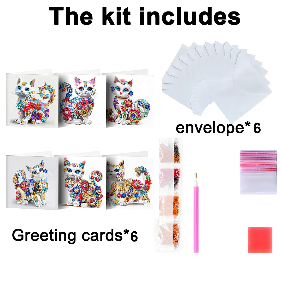 6pcs White Cat DIY Diamond Painting Greeting Card Kits with Envelopes Diamond Art Greeting Cards Diamond Art Cards Kits for Adults DIY Crafts Family Friend Gifts