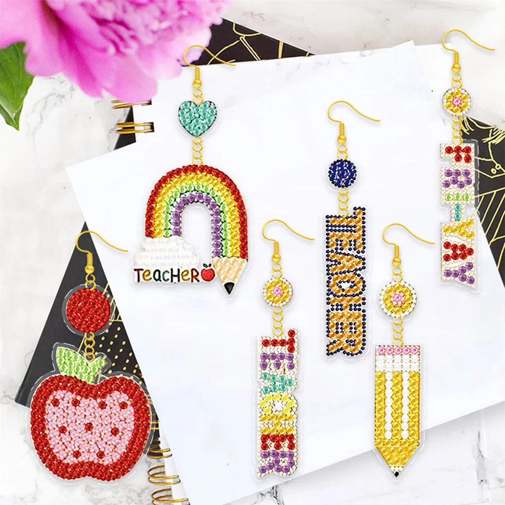 6Pairs DIY Teacher Double Sided Diamond Painting Earrings Mosaic Drill Earring Kits