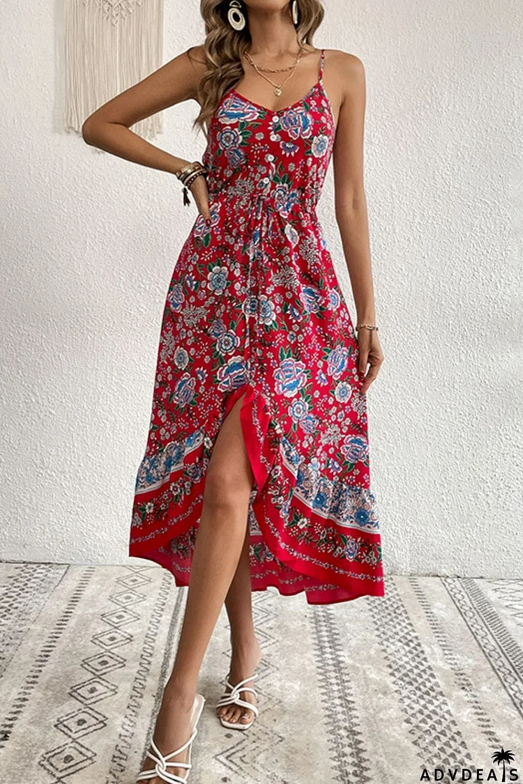 Bohemian Decorative Button Spaghetti Strap Dress