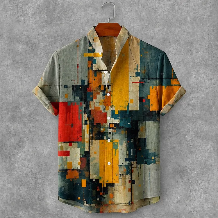 Men's Retro Abstract Geometric Art Print Casual Shirt