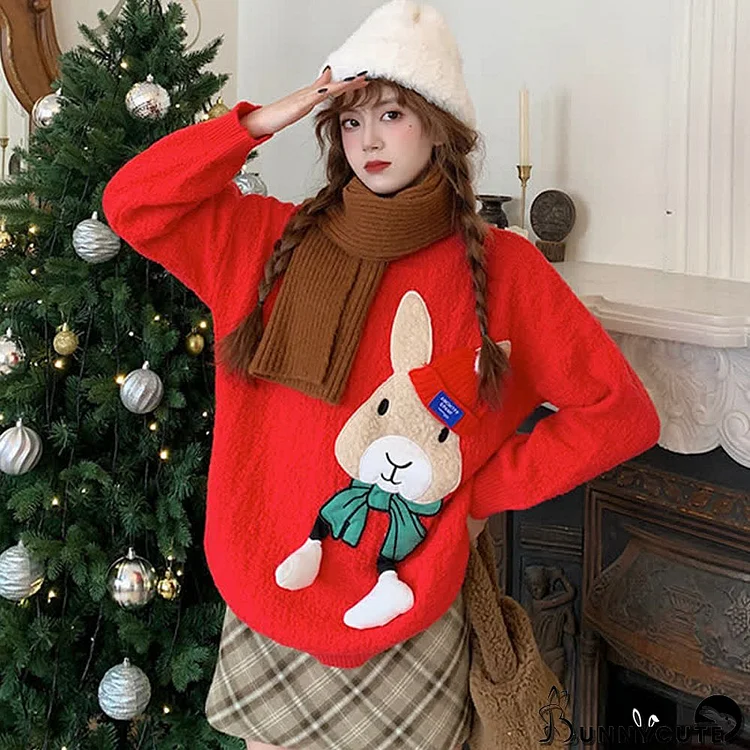 Cute Bunny Letter Print Round Collar Red Knit Sweater