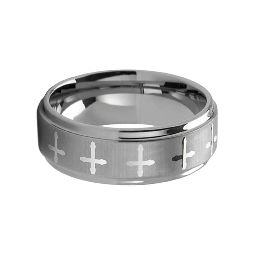 8MM Silver Couple Tungsten Carbide Rings Step Edge Laser Cross Matte Wedding Band