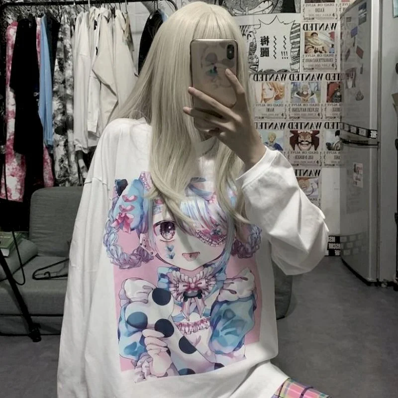 Sweet T-shirt Women Clothes Harajuku Female Harajuku Bf Wind Two-dimensional Animation Printing Loose Student White Shirt
