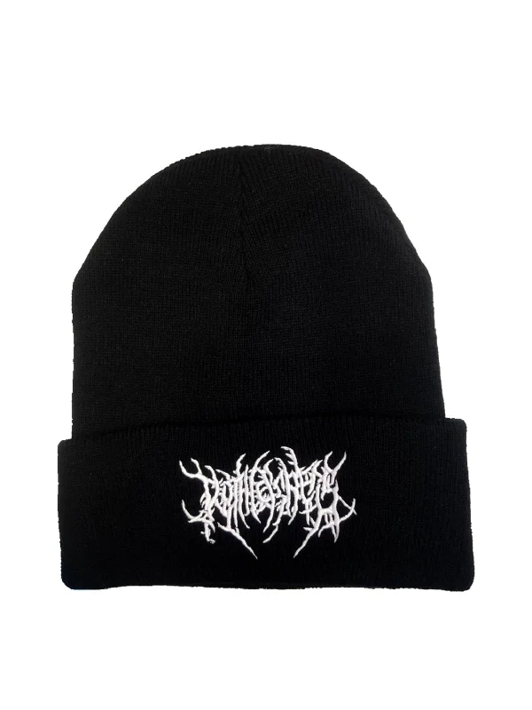 Goth Punk Embroidered Knitted Black Cuffed Beanie