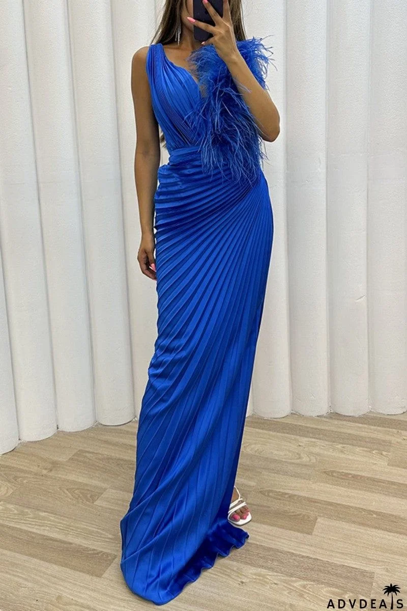Sexy Solid Patchwork Pleated V Neck Long Dress Dresses