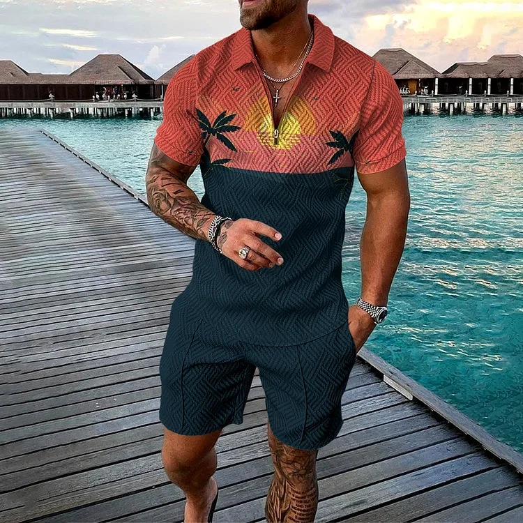 Leisure Sunset Beach Print Polo Shirt And Shorts Co-Ord