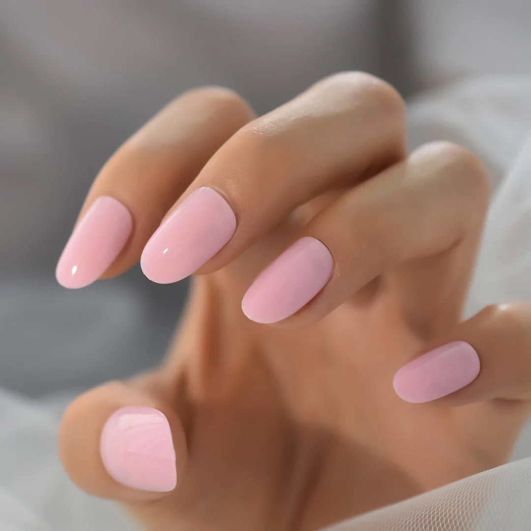 Pink Press On Fake Nails Almond Round Medium Length False Nails Tips Solid Color Gloss Acrylic Nails Art Set