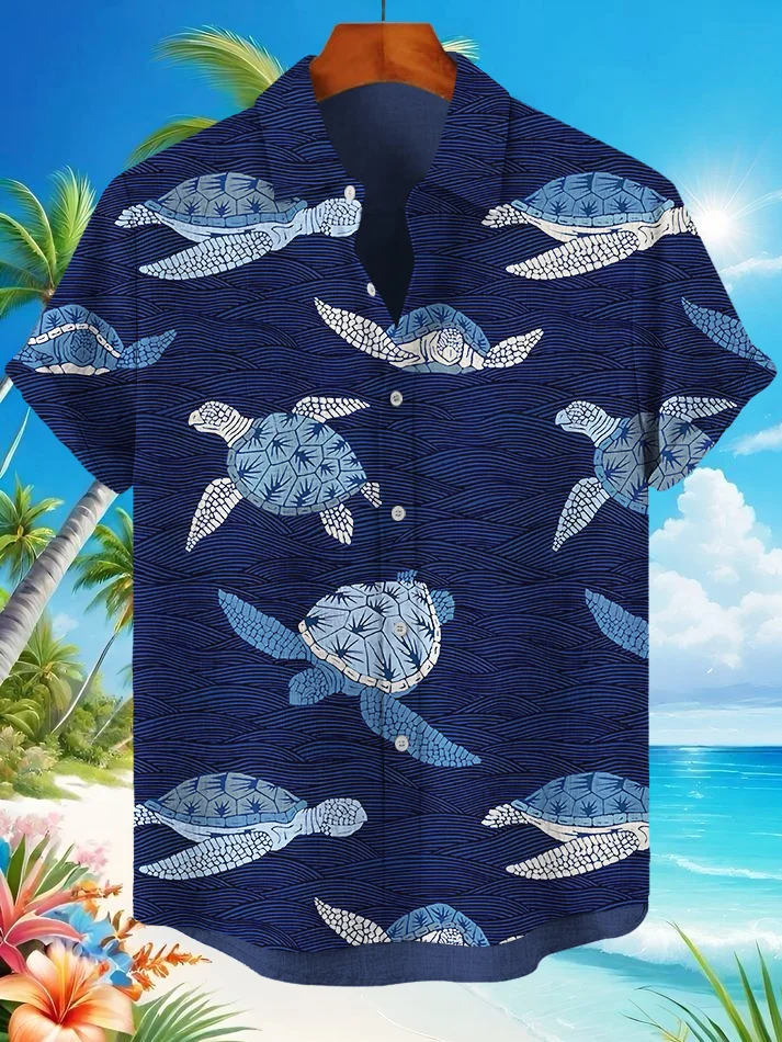 Men's Turtle Sea Waves Line Art Print Casual Shirt