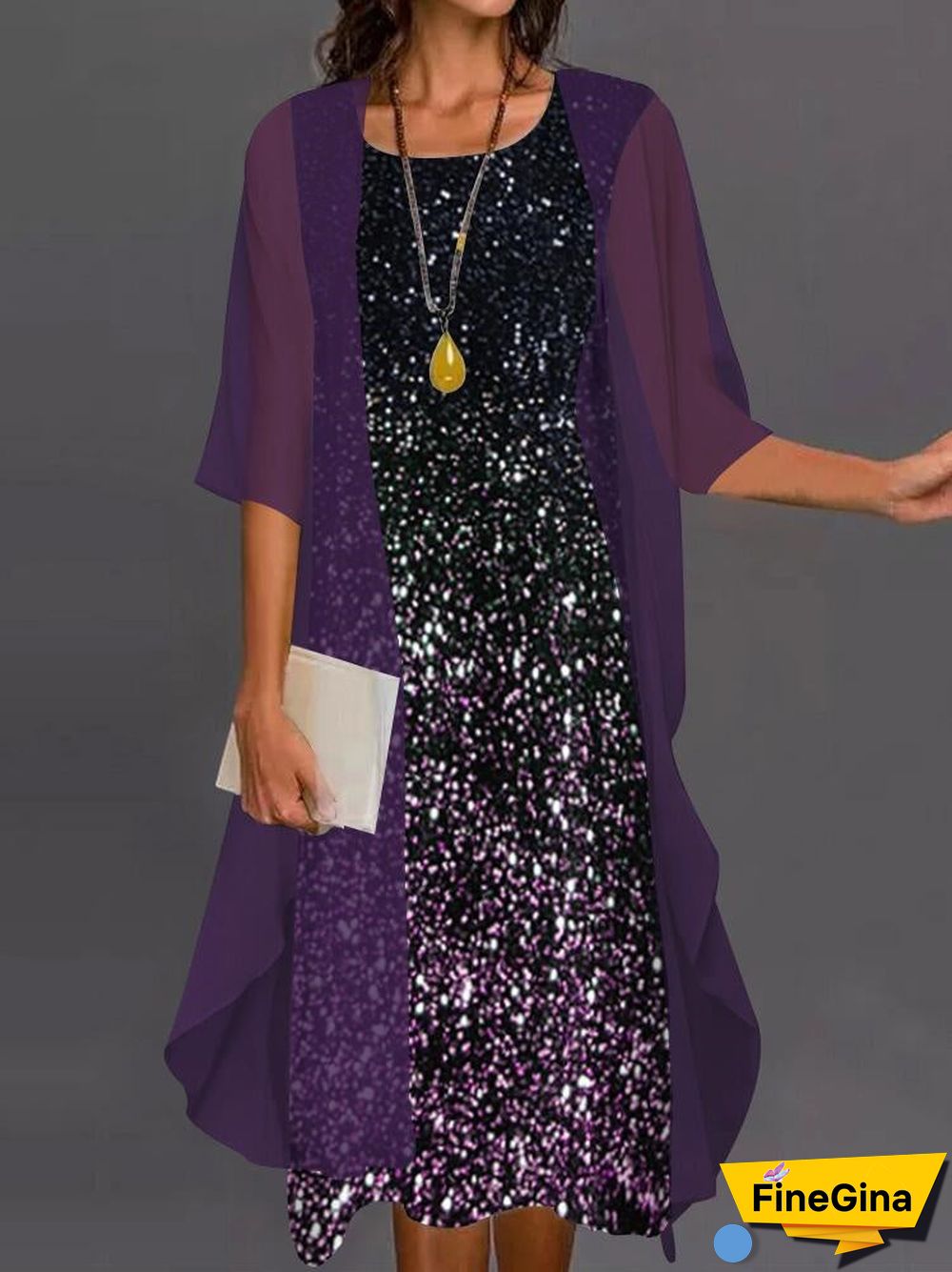 Women's 3/4 Sleeve Scoop Neck Graphic Two-piece Midi Dress