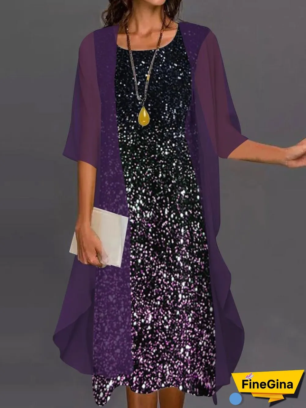 Women's 3/4 Sleeve Scoop Neck Graphic Two-piece Midi Dress