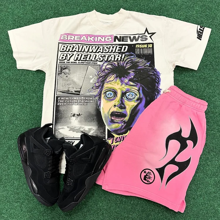 Vintage Hellstar With Breaking News Graphic T-Shirt And Acid Washed Shorts Co-Ord T-Shirt Set