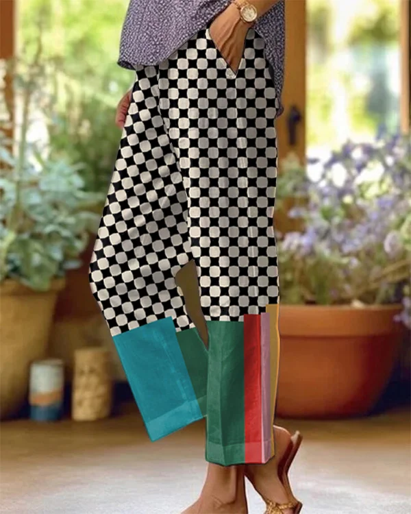 Vintage Checkerboard Abstract Art Print Loose Cotton and Linen Casual Pants