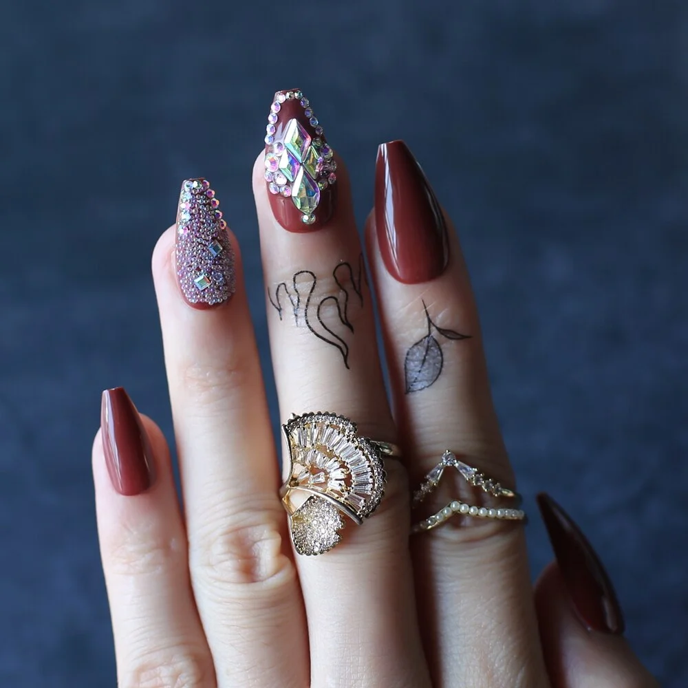 Short Ballet Coffee Advanced crystal design False nails Custom logo box Glossy Coffin Blair Fake nails Dark brown Gel-Nail Inspo