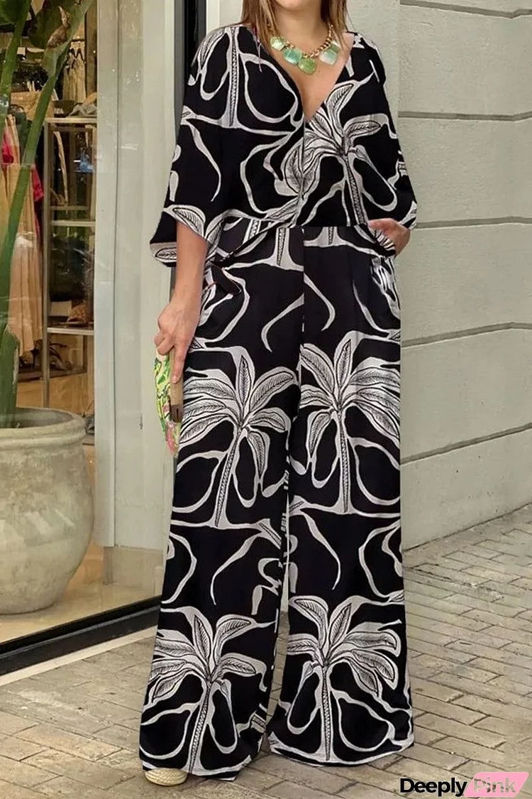 Casual Floral Printing V Neck Loose Jumpsuits