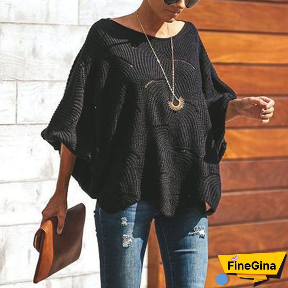 Women Plus Size Fashions Pure Color Hollow Out Bat Sleeve Loose Sweaters Ladies Autumn Winter Pullovers Tops S-5XL