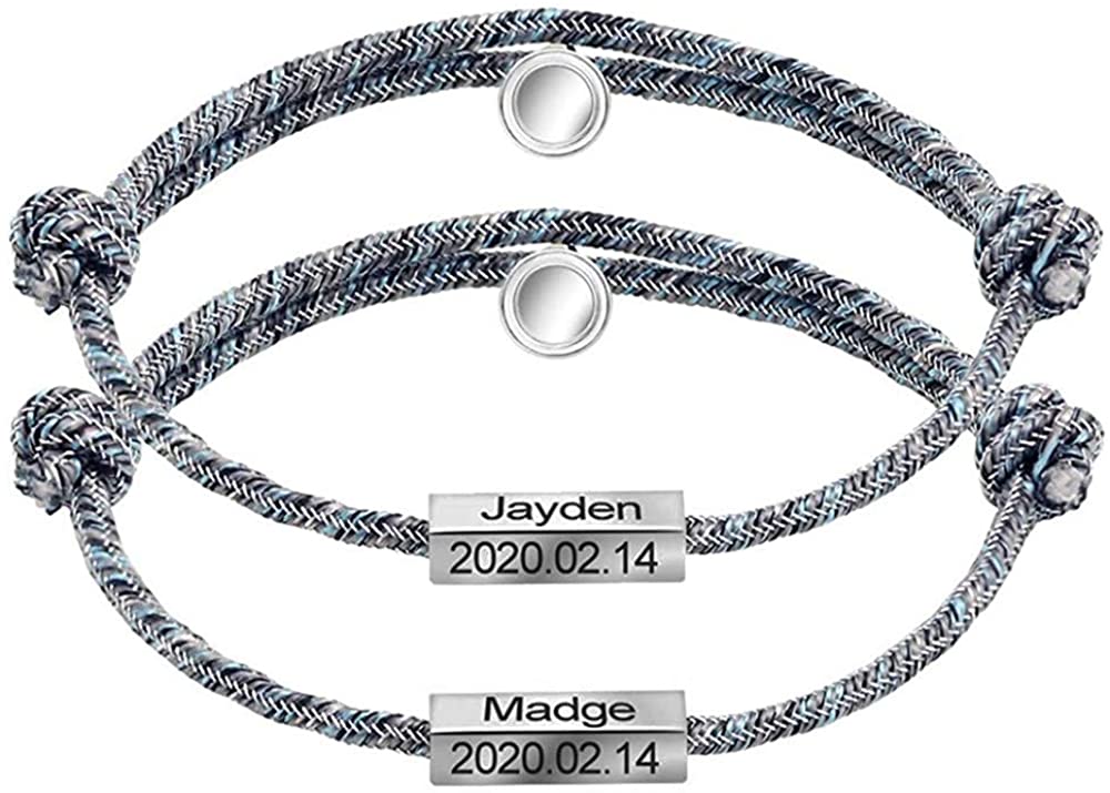 INBLUE Personalized 2 PCS Magnetic Couple Bracelets Custom  Engraving Name Date for Women Men Boyfriend Girlfriend Mutual Attraction  Matching Jewelry Set Love Relationship Gift (Grey Rope, Bar): Clothing,  Shoes & Jewelry