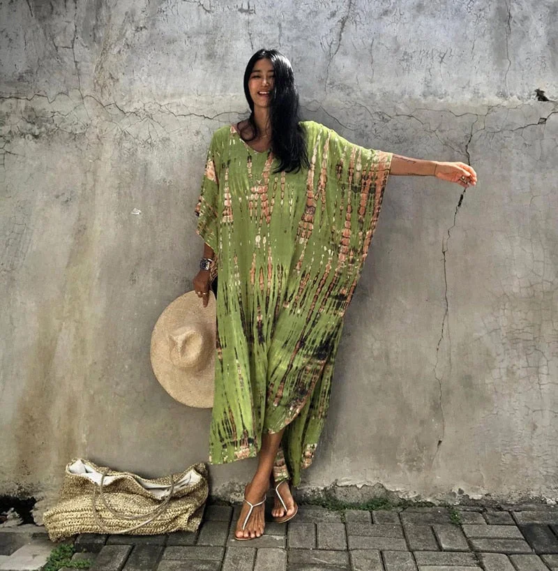 Fitshinling Halo Dyeing Vintage Beach Long Dress Women V Neck Oversize Robe Side Split Loose Kaftan Holiday Boho Maxi Dresses