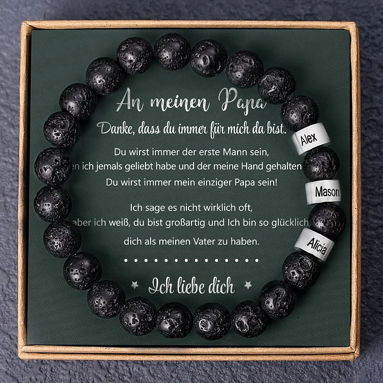 Personalisiertes 3 Namen Perle Vulkangestein Armband-An meinen Papa-Geschenkkarte Set