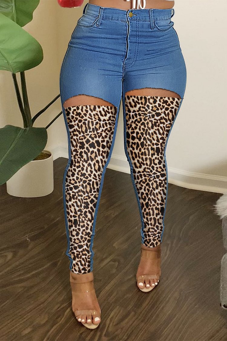 Leopard Print Panelled Ripped Jeans