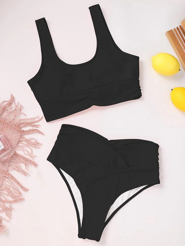 INGAGA Sexy High Waist Bikini Solid Women's Swimsuit 2022 Ruched Swimwear Scoop Neck Biquinis Black Bathing Suit Women Beachwear