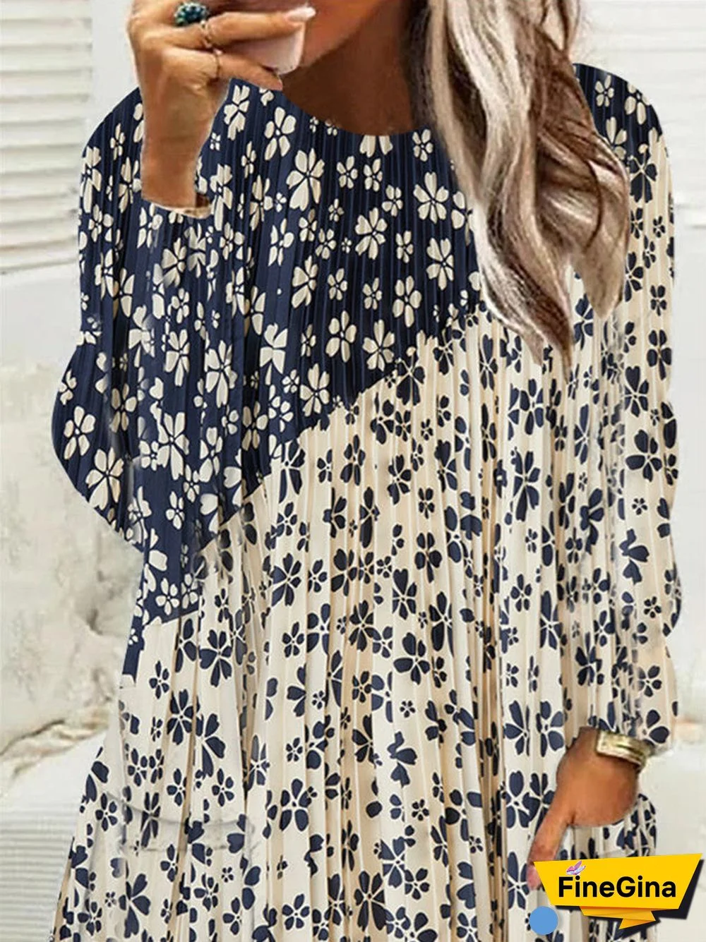 Women Long Sleeve Scoop Neck Printed Stitching Pockets Tops