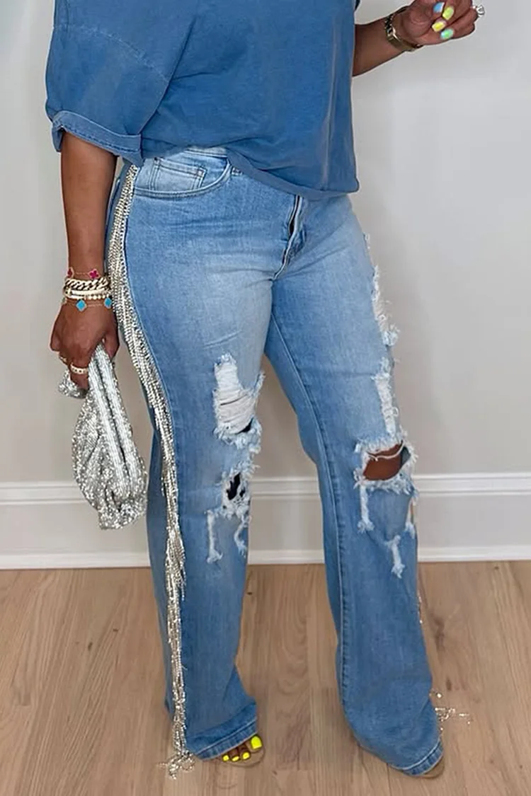 Plus Size Party Blue Casual Strappy Distressed Denim Jeans [Pre-Order] 2024 - Xpluswear
