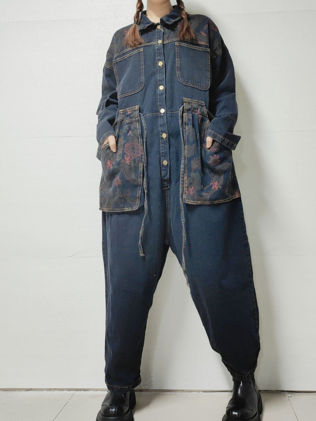 Women's Floral Printed Gradient Casual Retro Wide-leg Workwear Denim Overalls Jumpsuit