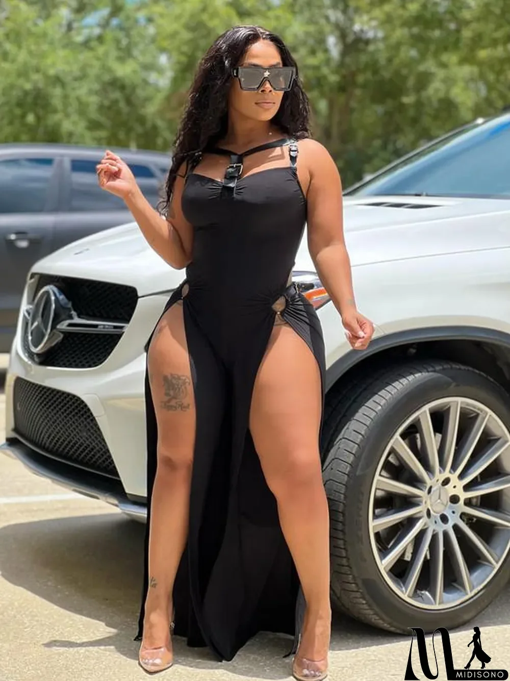 MidiSono - Sexy Solid Color Strap Slim Slit Jumpsuit