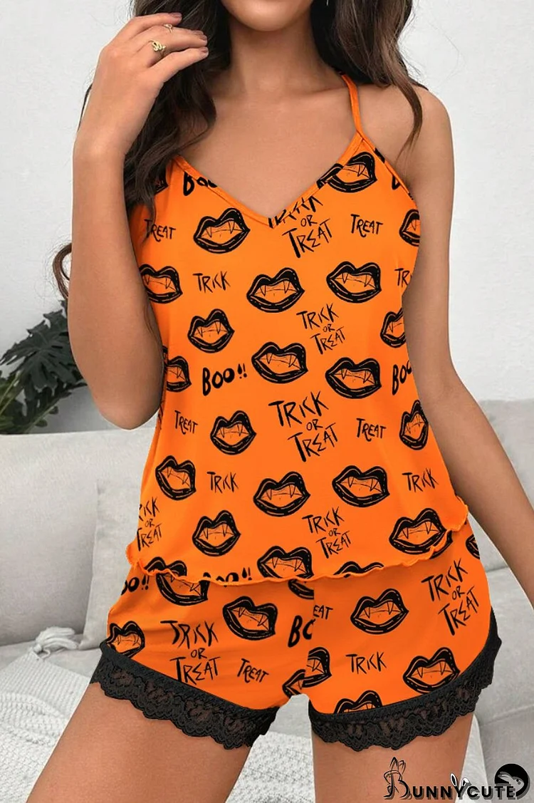 Orange Sexy Living Print Patchwork Backless Spaghetti Strap Sleeveless Two Pieces