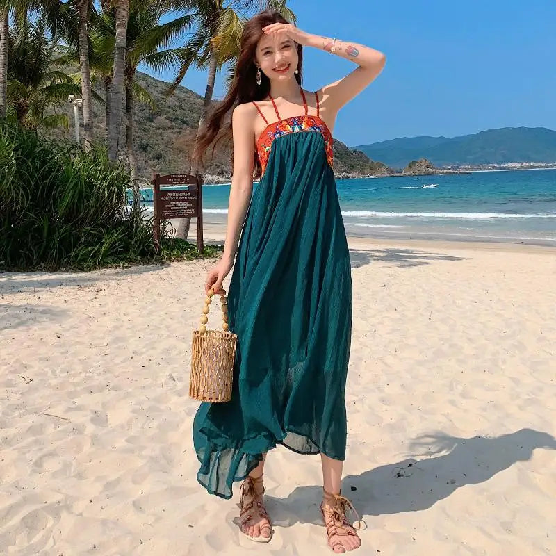 Aiertu High Waist A Line Summer Sexy Embroidered Chiffon Dress Spaghetti Strap Women Retro Long Dress Beach Party Casual Backless Boho Aiertu