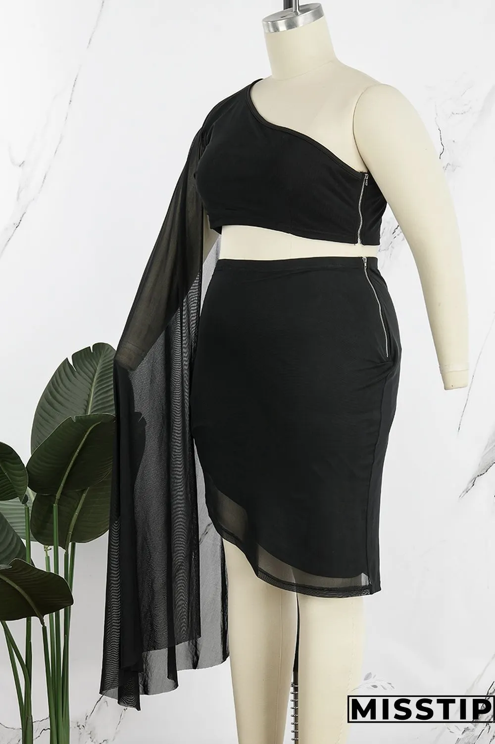 Blue Sexy Solid Patchwork Backless Oblique Collar Plus Size Two Pieces