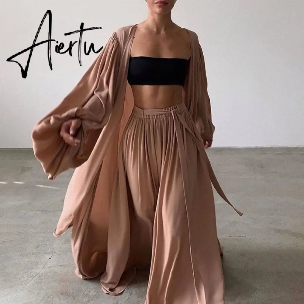 Aiertu  White Sexy Three Piece Set For Women Slim Vest Lantern Sleeve Coat Wide Leg Pants Loose Sets Female Fashion New Aiertu