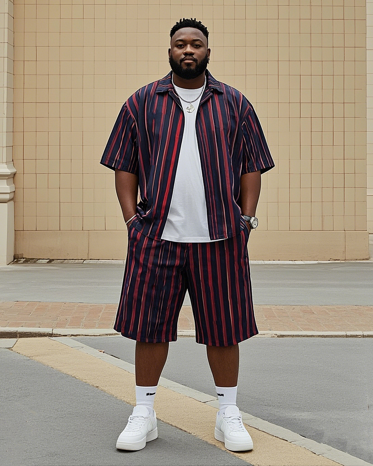 Big Men's-Hot Sale Red And Blue Striped Color Block Printed Short Sleeve Shirt Shorts Suit