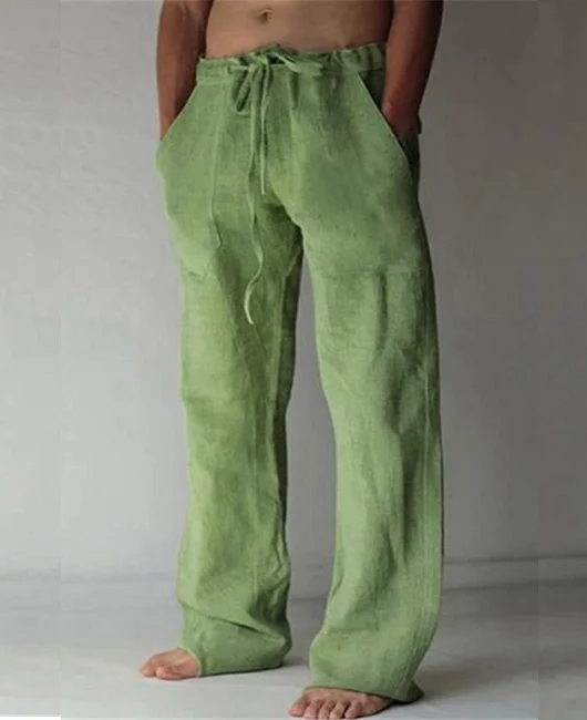 Linen Drawstring Loose Solid Color Side Pocket Casual Pants 