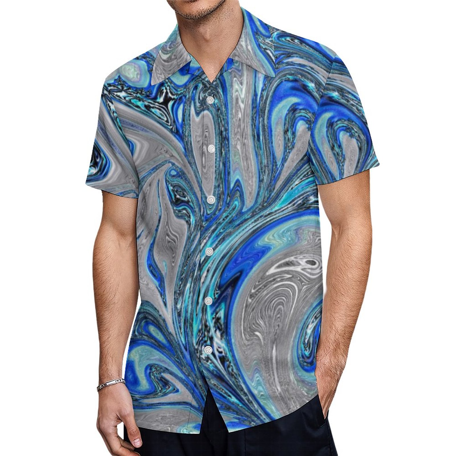 Peacock Blue And Silver Marbled Abstract Hawaiian Shirt Mens Button Down Plus Size Tropical Hawaii Beach Shirts