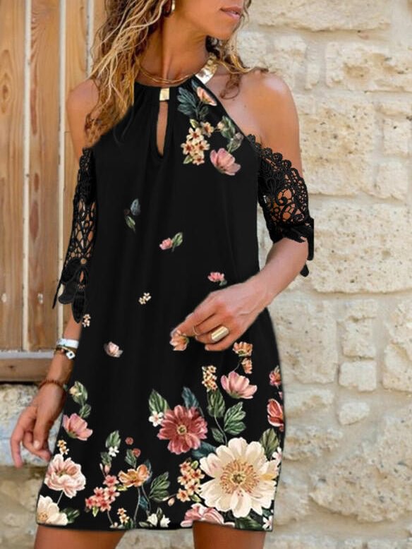 Halter Off-Shoulder Floral Gradient Lace Dress