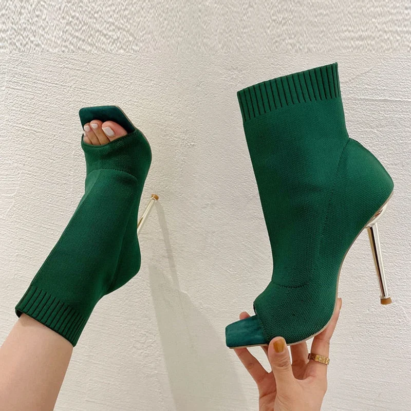 2022 Spring Square Peep Toe Stretch Fabric Knitting Ankle Sock Boots Women Fashion Thin High Heels Dance Shoes Botas Beige Mujer