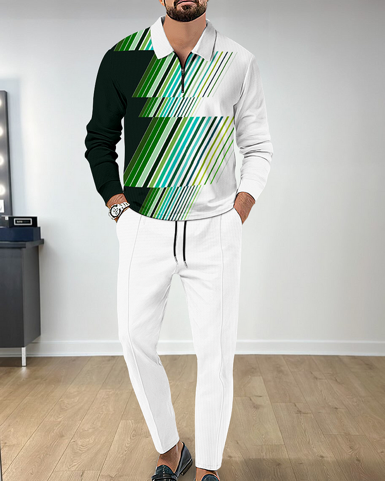 Men's Casual Colorblock Personalized Long Sleeve Polo Shirt Set 134